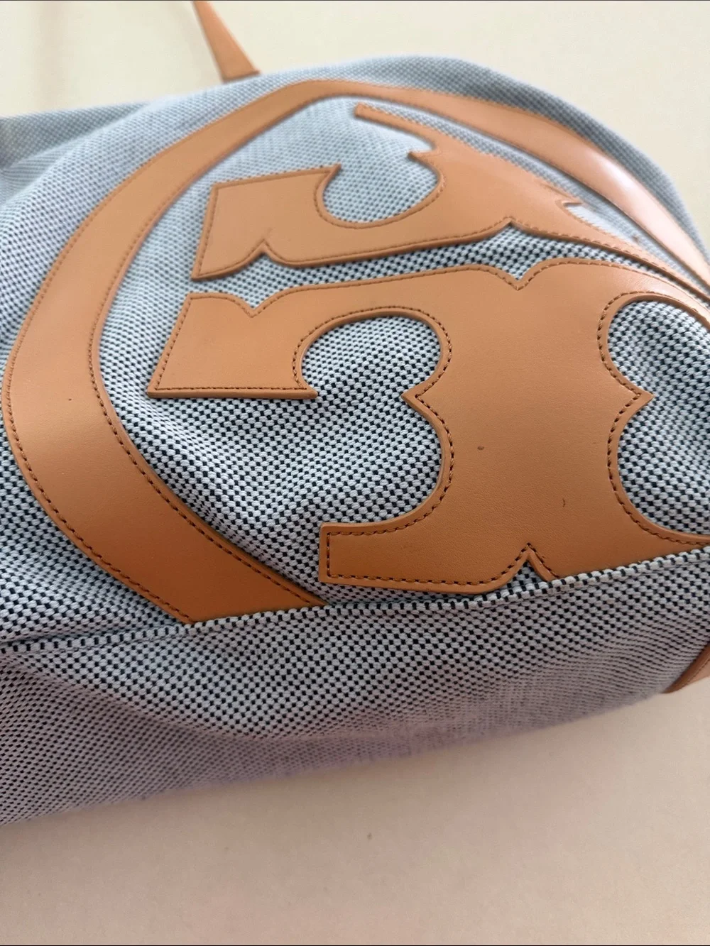 Tory Burch Light Blue Canvas Weekender with Tan Leather Logo